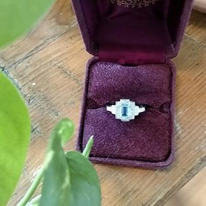 Art Deco Aquamarine + Diamond Sterling Silver Ring